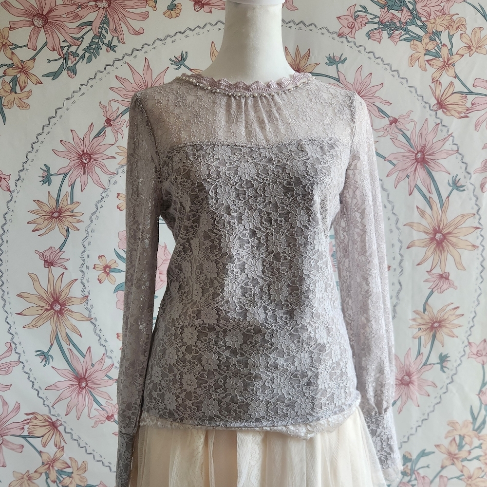 Axes Femme lavender lace long sleeve blouse pearl collar j fashion mori kei